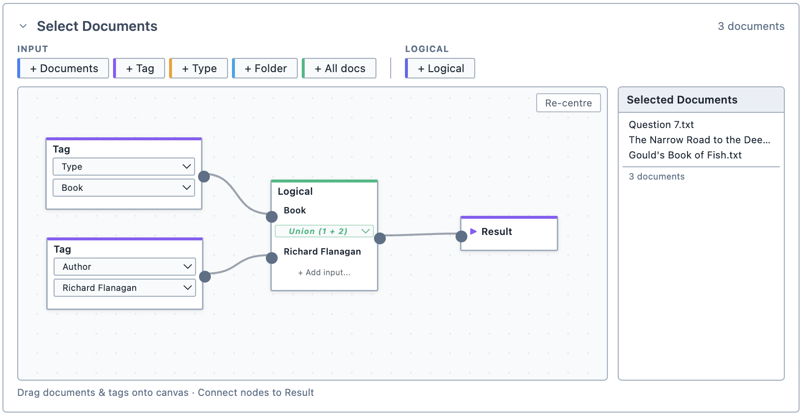 The Document Selector with a completed selection.