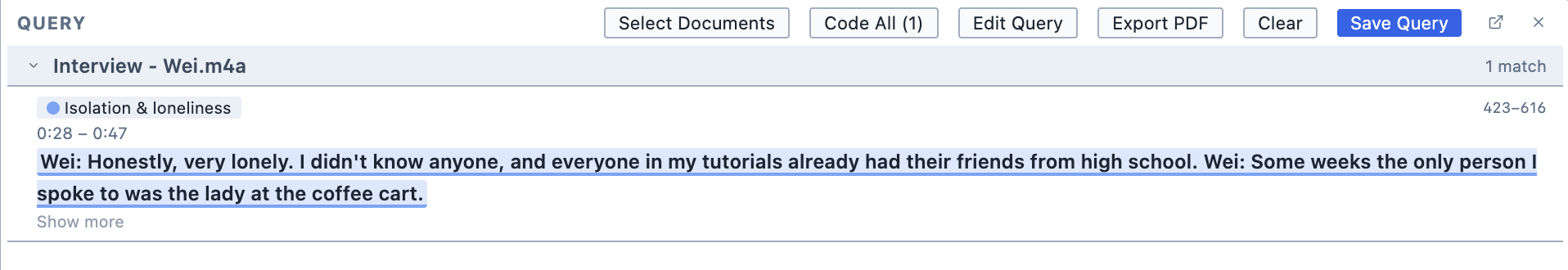 Query Results showing the segment behind the selected cell.