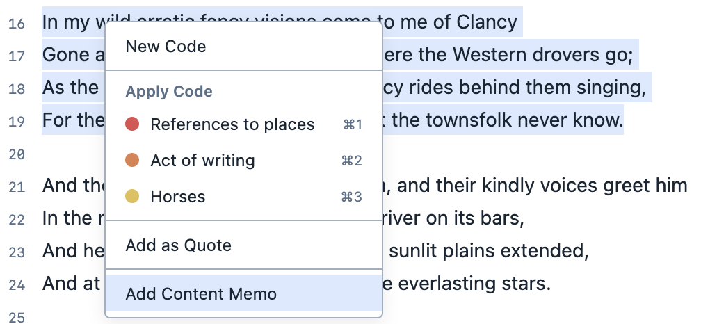 The contextual menu used to create a selection memo.