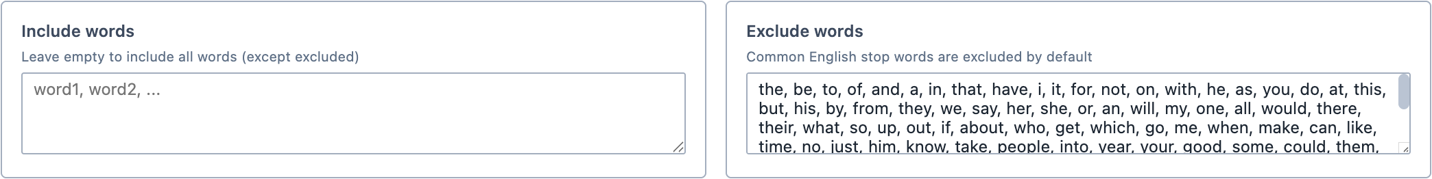 The Include words and Exclude words boxes.